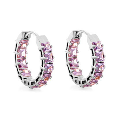 Square Purple Cubic Zirconia Open Hollow Huggie Hoop Earrings | Gold & Silver | Hypoallergenic Stainless Steel Small Sparkle Hoop Earrings | Wholesale MOQ 12
