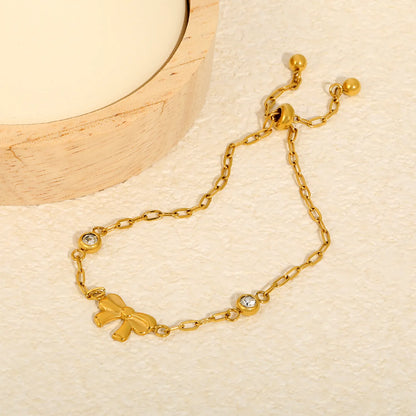 Solid Bow Pendant Two Side Round Zircon Paperclip Chain Slider Adjustable Bracelet | 18K Gold Plated Hypoallergenic Stainless Steel Feminine Wrist Chain Bulk Wholesale