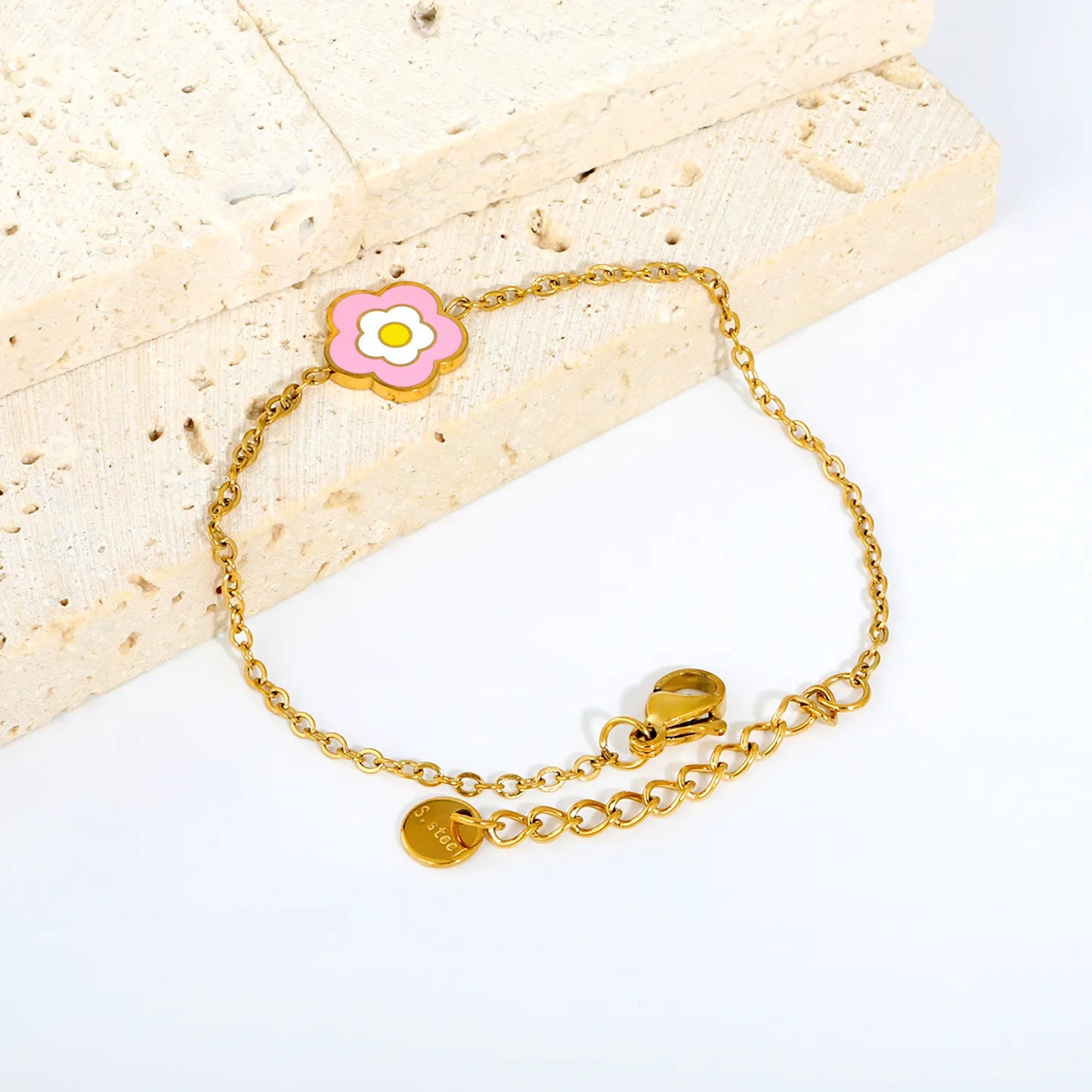 Two-Tone Pink Enamel Daisy Flower Adjustable Cable Chain Bracelet | 18K Gold Plated Hypoallergenic Stainless Steel Dainty Wrist Chain