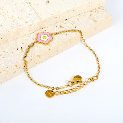 Two-Tone Pink Enamel Daisy Flower Adjustable Cable Chain Bracelet | 18K Gold Plated Hypoallergenic Stainless Steel Dainty Wrist Chain