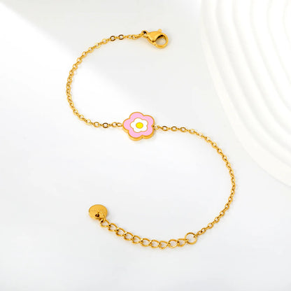 Two-Tone Pink Enamel Daisy Flower Adjustable Cable Chain Bracelet | 18K Gold Plated Hypoallergenic Stainless Steel Dainty Wrist Chain