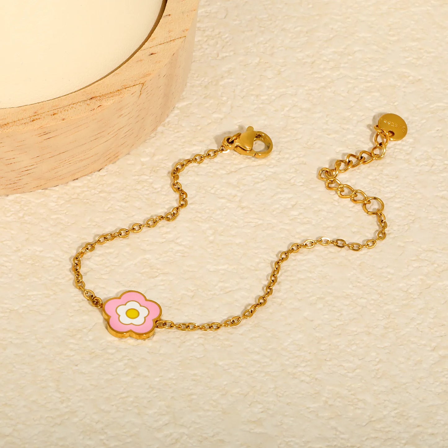 Two-Tone Pink Enamel Daisy Flower Adjustable Cable Chain Bracelet | 18K Gold Plated Hypoallergenic Stainless Steel Dainty Wrist Chain