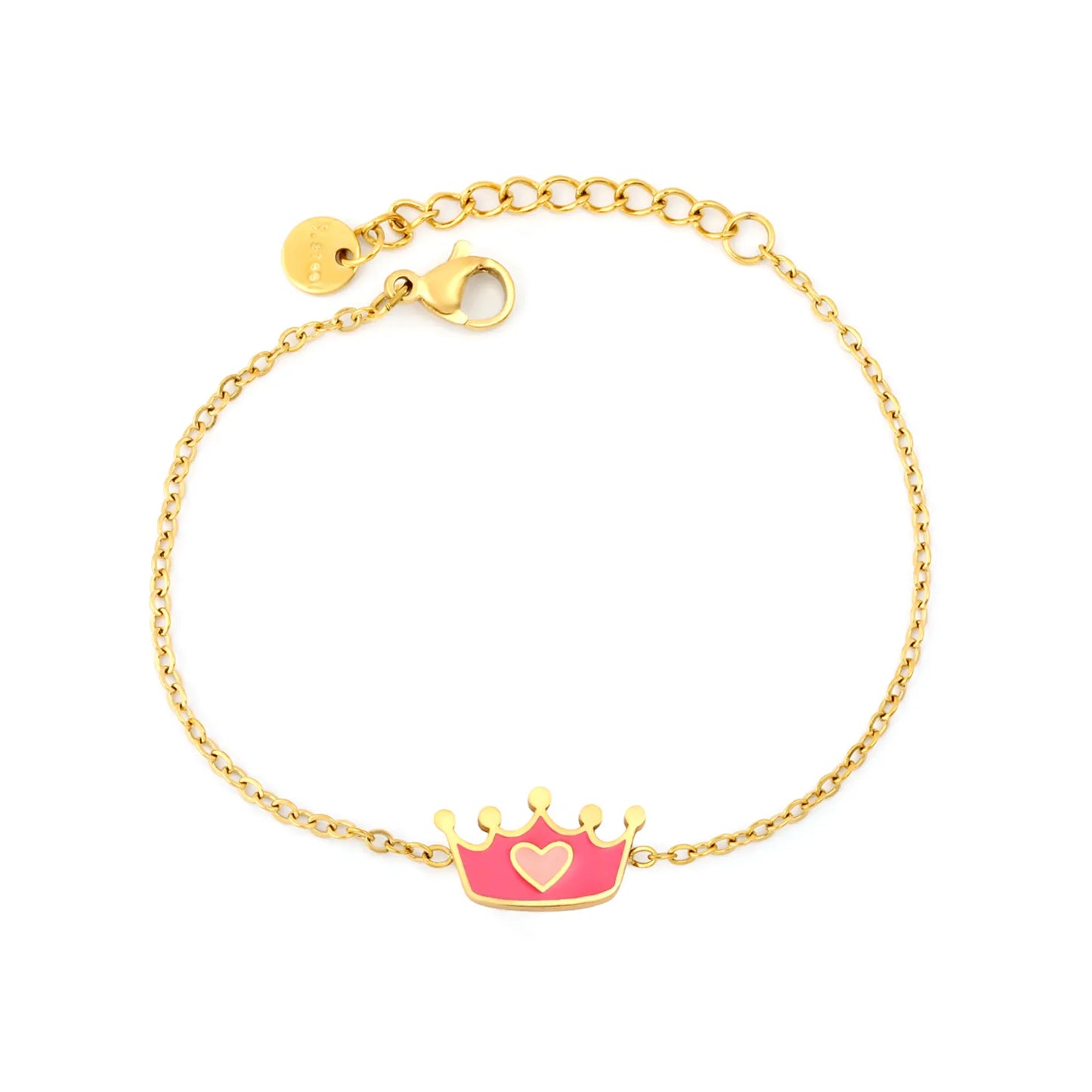 Pink Enamel Heart Crown Extension Cable Chain Bracelet | 18K Gold Plated Stainless Steel Dainty Wrist Chain for Wholesale