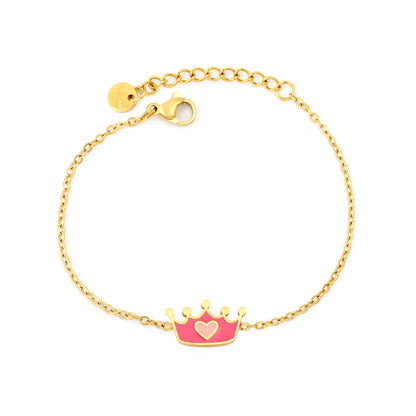 Pink Enamel Heart Crown Extension Cable Chain Bracelet | 18K Gold Plated Stainless Steel Dainty Wrist Chain for Wholesale