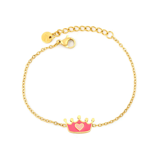 Pink Enamel Heart Crown Extension Cable Chain Bracelet | 18K Gold Plated Stainless Steel Dainty Wrist Chain for Wholesale