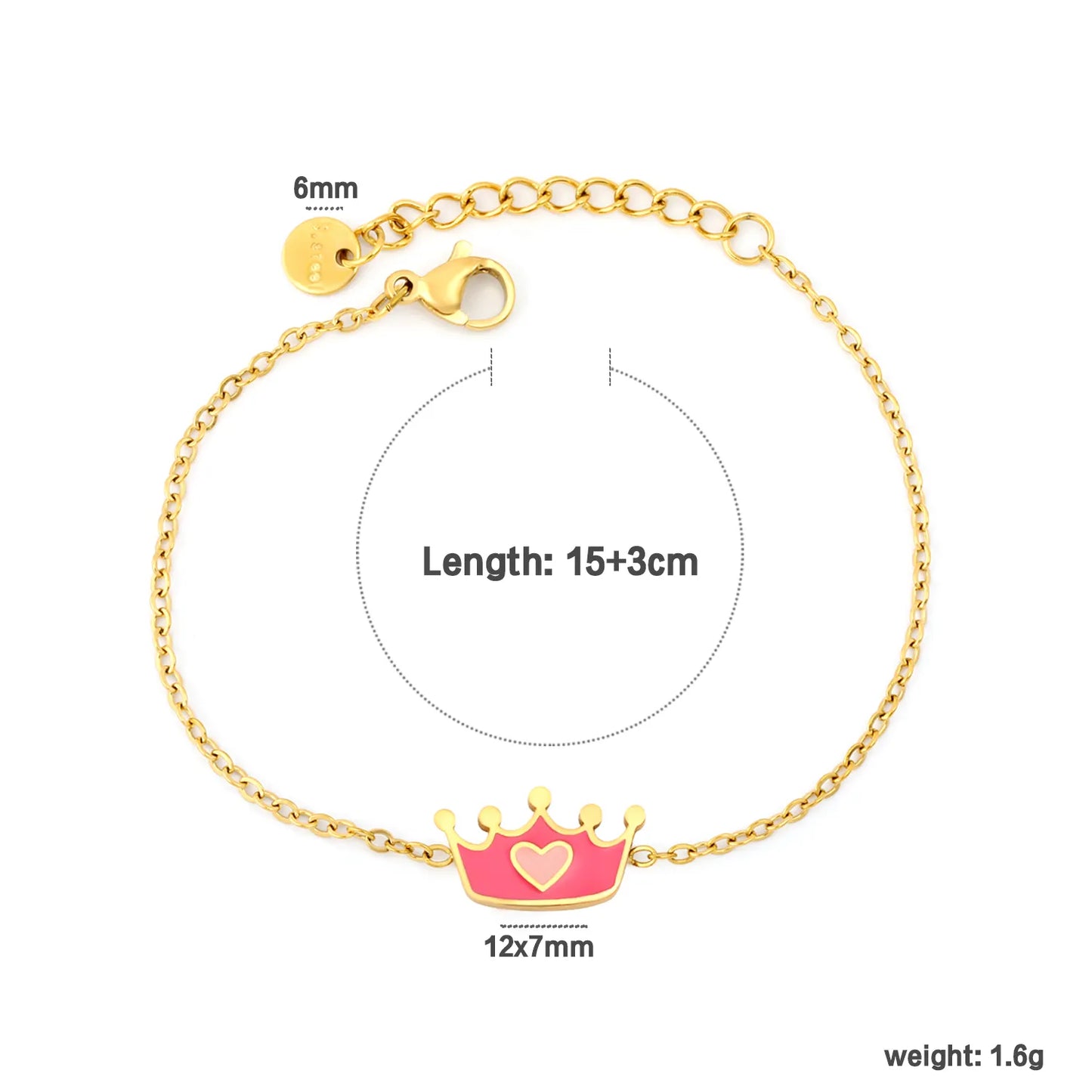 Pink Enamel Heart Crown Extension Cable Chain Bracelet | 18K Gold Plated Stainless Steel Dainty Wrist Chain for Wholesale