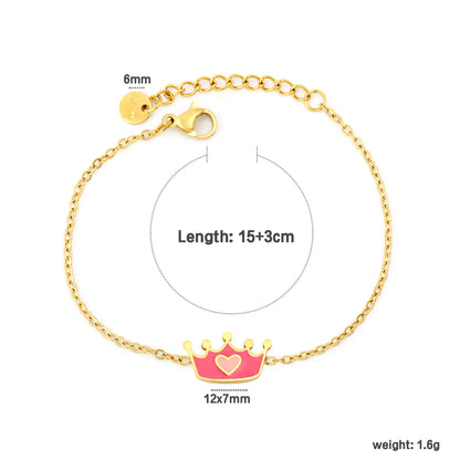 Pink Enamel Heart Crown Extension Cable Chain Bracelet | 18K Gold Plated Stainless Steel Dainty Wrist Chain for Wholesale