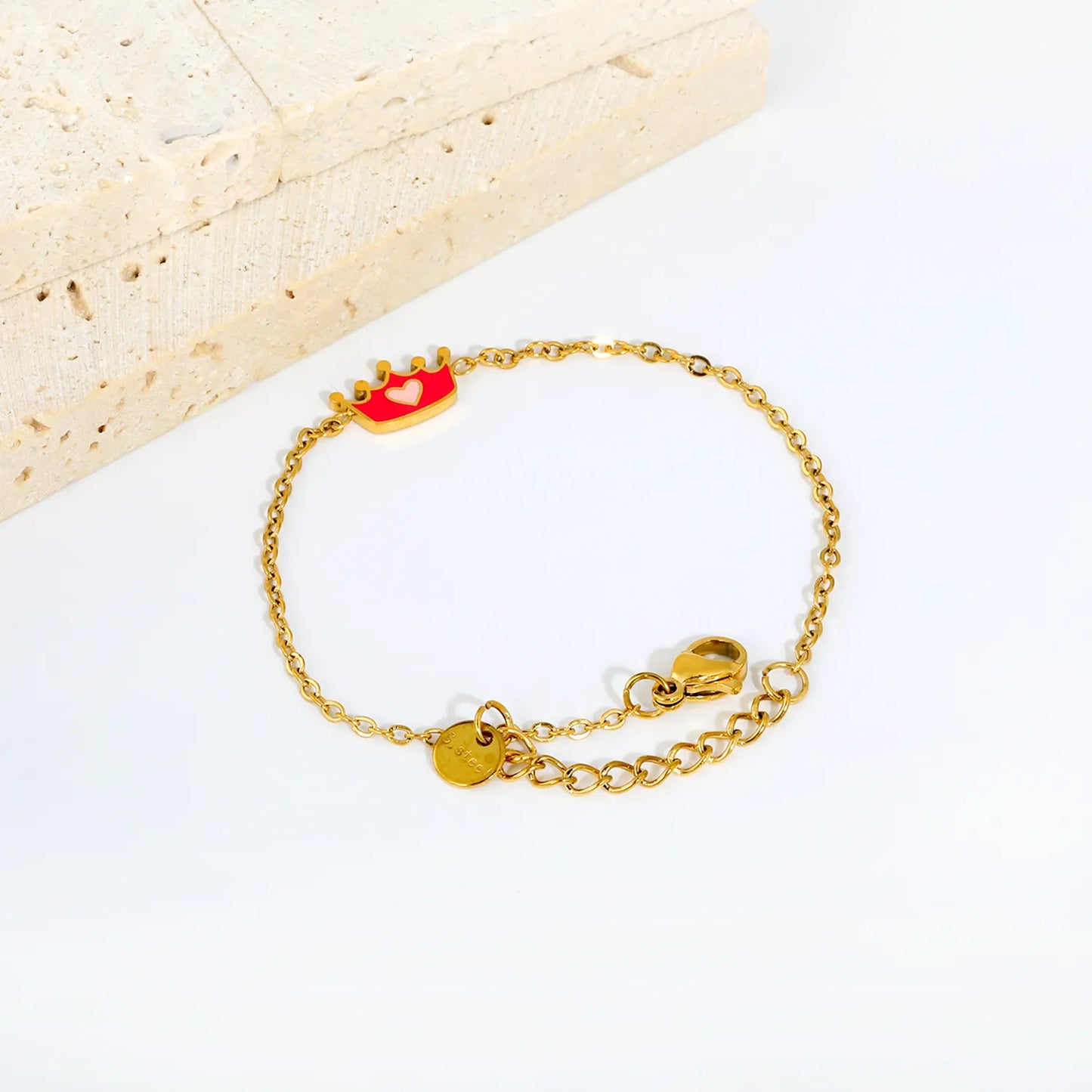 Pink Enamel Heart Crown Extension Cable Chain Bracelet | 18K Gold Plated Stainless Steel Dainty Wrist Chain for Wholesale