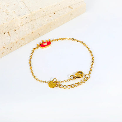 Pink Enamel Heart Crown Extension Cable Chain Bracelet | 18K Gold Plated Stainless Steel Dainty Wrist Chain for Wholesale