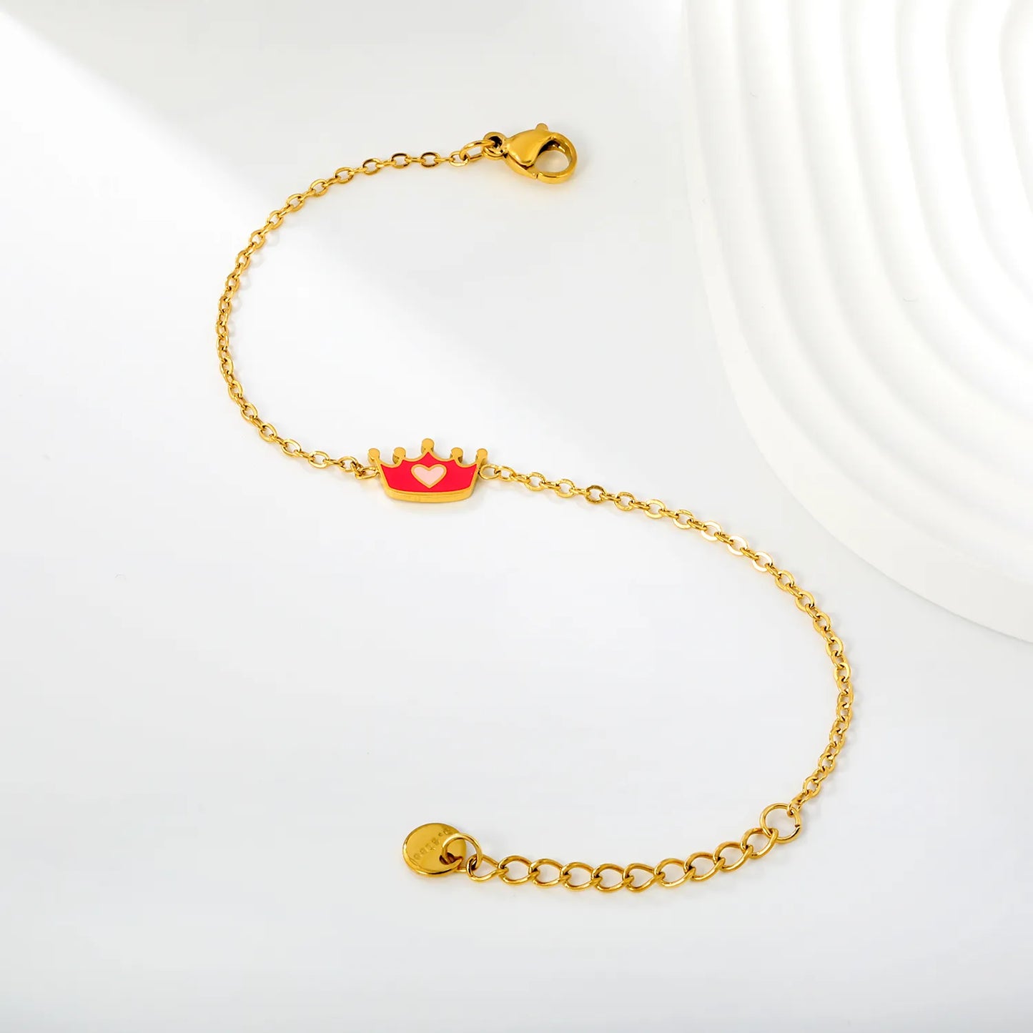 Pink Enamel Heart Crown Extension Cable Chain Bracelet | 18K Gold Plated Stainless Steel Dainty Wrist Chain for Wholesale