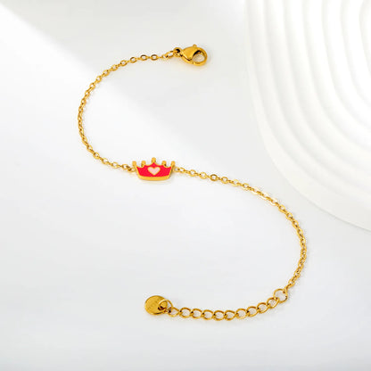 Pink Enamel Heart Crown Extension Cable Chain Bracelet | 18K Gold Plated Stainless Steel Dainty Wrist Chain for Wholesale