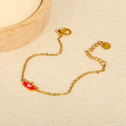 Pink Enamel Heart Crown Extension Cable Chain Bracelet | 18K Gold Plated Stainless Steel Dainty Wrist Chain for Wholesale