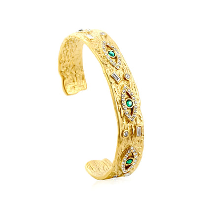 Hammered Textured Evil Eye Emerald Zircon Open Cuff Bangle | Hypoallergenic Stainless Steel Statement Bracelet Bulk Order MOQ 12