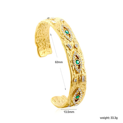 Hammered Textured Evil Eye Emerald Zircon Open Cuff Bangle | Hypoallergenic Stainless Steel Statement Bracelet Bulk Order MOQ 12