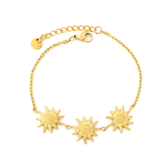 Triple Embossed Sunflower Adjustable Extension Chain Bracelet | 18K Gold Plated