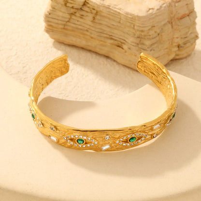 Hammered Textured Evil Eye Emerald Zircon Open Cuff Bangle | Hypoallergenic Stainless Steel Statement Bracelet Bulk Order MOQ 12