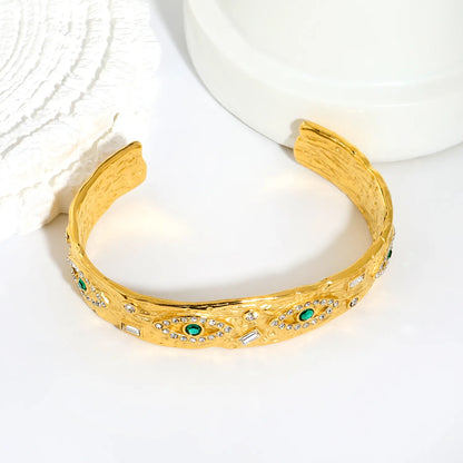 Hammered Textured Evil Eye Emerald Zircon Open Cuff Bangle | Hypoallergenic Stainless Steel Statement Bracelet Bulk Order MOQ 12