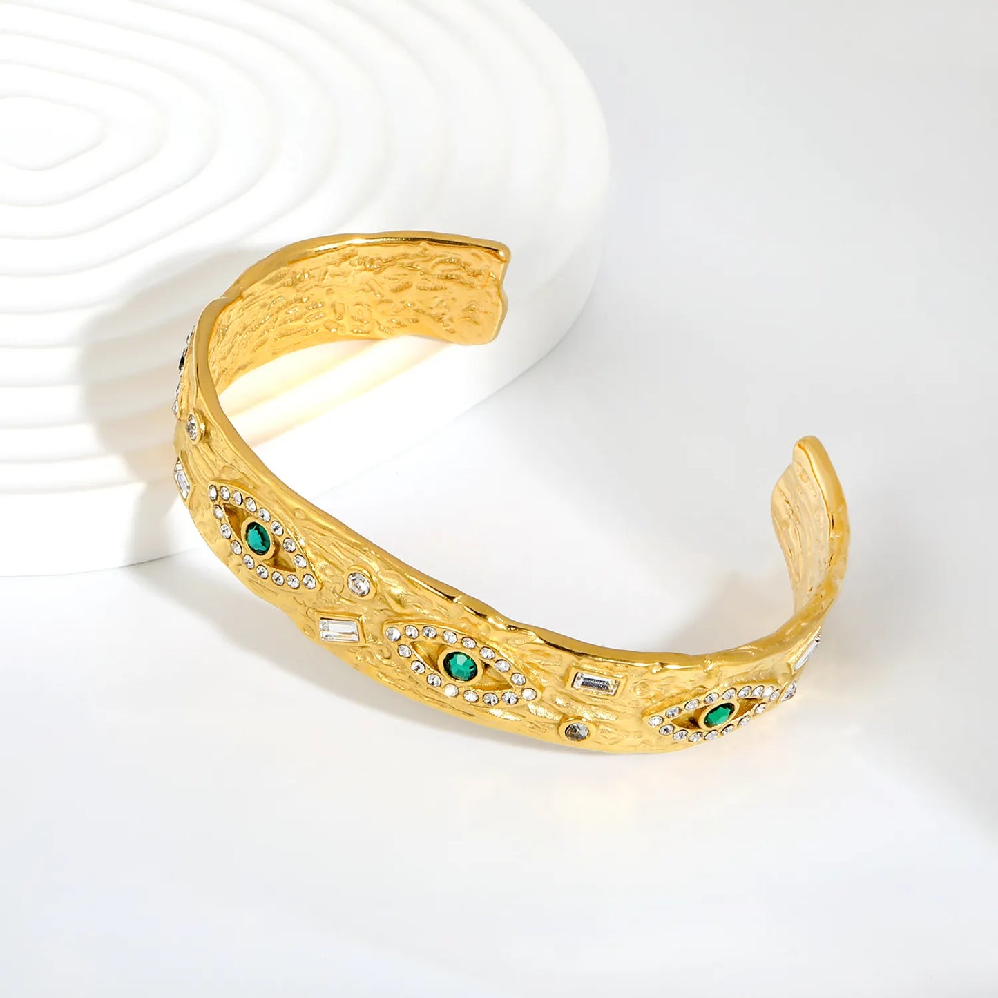 Hammered Textured Evil Eye Emerald Zircon Open Cuff Bangle | Hypoallergenic Stainless Steel Statement Bracelet Bulk Order MOQ 12