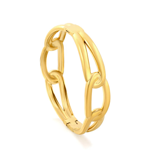 Interlocking Oval Chain Link Hinged Bangle | 15.5mm Band Width | 50-60mm Inner Size | 18K Gold Plated Stainless Steel Chunky Wrist Bracelet Bulk Stock For Fashion Accessory Suppliers