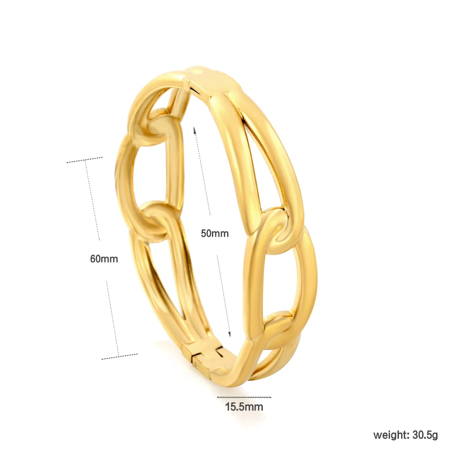 Interlocking Oval Chain Link Hinged Bangle | 15.5mm Band Width | 50-60mm Inner Size | 18K Gold Plated Stainless Steel Chunky Wrist Bracelet Bulk Stock For Fashion Accessory Suppliers