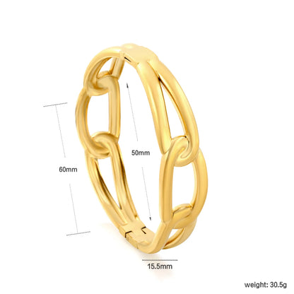 Interlocking Oval Chain Link Hinged Bangle | 15.5mm Band Width | 50-60mm Inner Size | 18K Gold Plated Stainless Steel Chunky Wrist Bracelet Bulk Stock For Fashion Accessory Suppliers