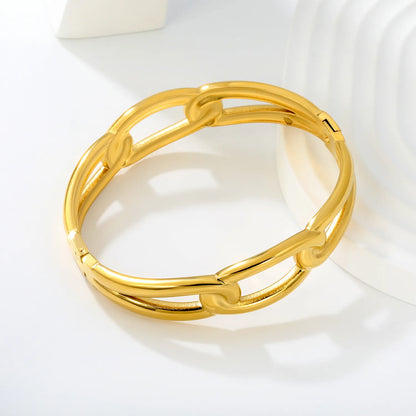 Interlocking Oval Chain Link Hinged Bangle | 15.5mm Band Width | 50-60mm Inner Size | 18K Gold Plated Stainless Steel Chunky Wrist Bracelet Bulk Stock For Fashion Accessory Suppliers