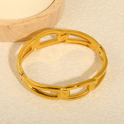 Interlocking Oval Chain Link Hinged Bangle | 15.5mm Band Width | 50-60mm Inner Size | 18K Gold Plated Stainless Steel Chunky Wrist Bracelet Bulk Stock For Fashion Accessory Suppliers