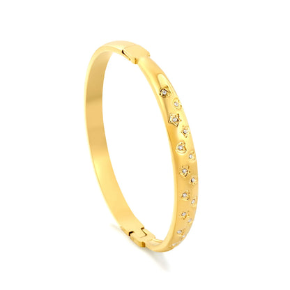 Scattered Star & Heart Shape Inlaid Zircon Hinged Bangle | 18K Gold Plated Stainless Steel Smooth Tube Wrist