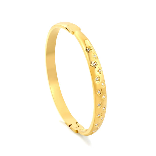 Scattered Star & Heart Shape Inlaid Zircon Hinged Bangle | 18K Gold Plated Stainless Steel Smooth Tube Wrist