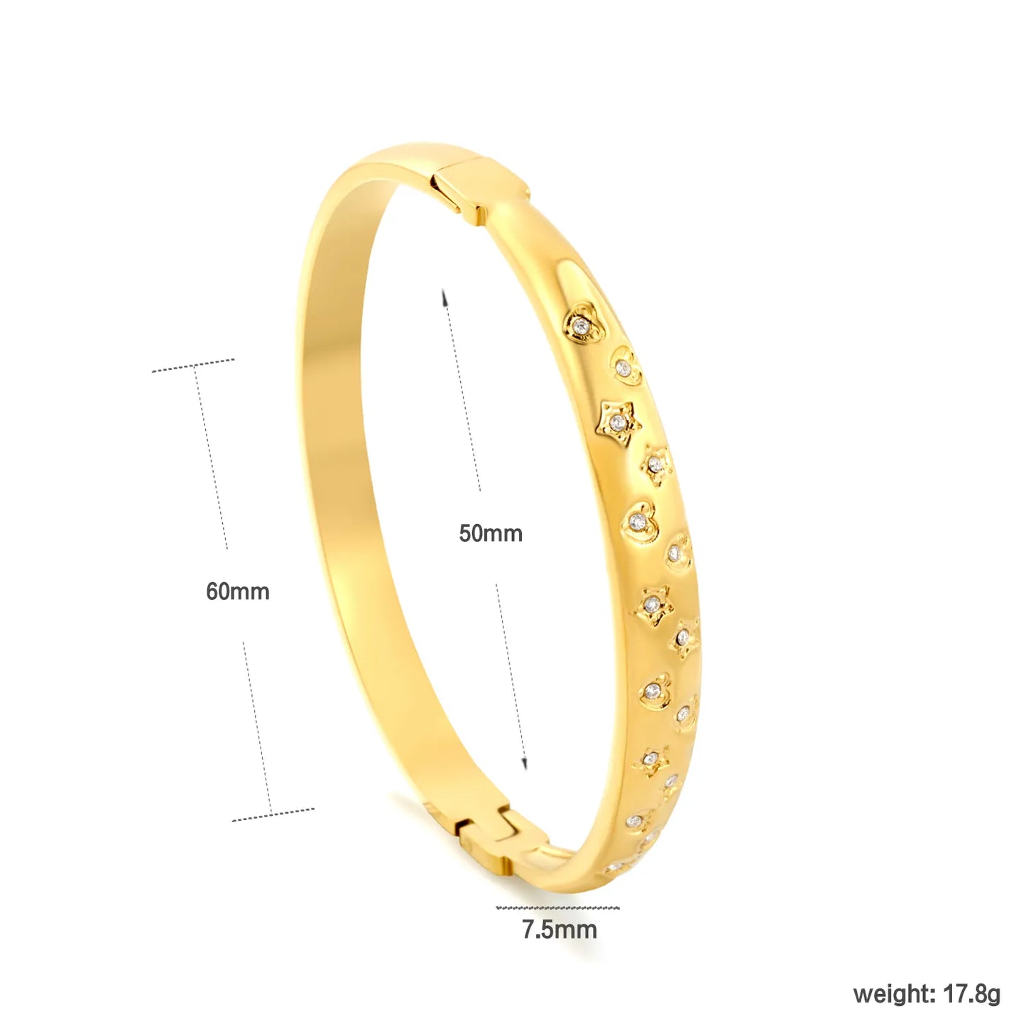 Scattered Star & Heart Shape Inlaid Zircon Hinged Bangle | 18K Gold Plated Stainless Steel Smooth Tube Wrist