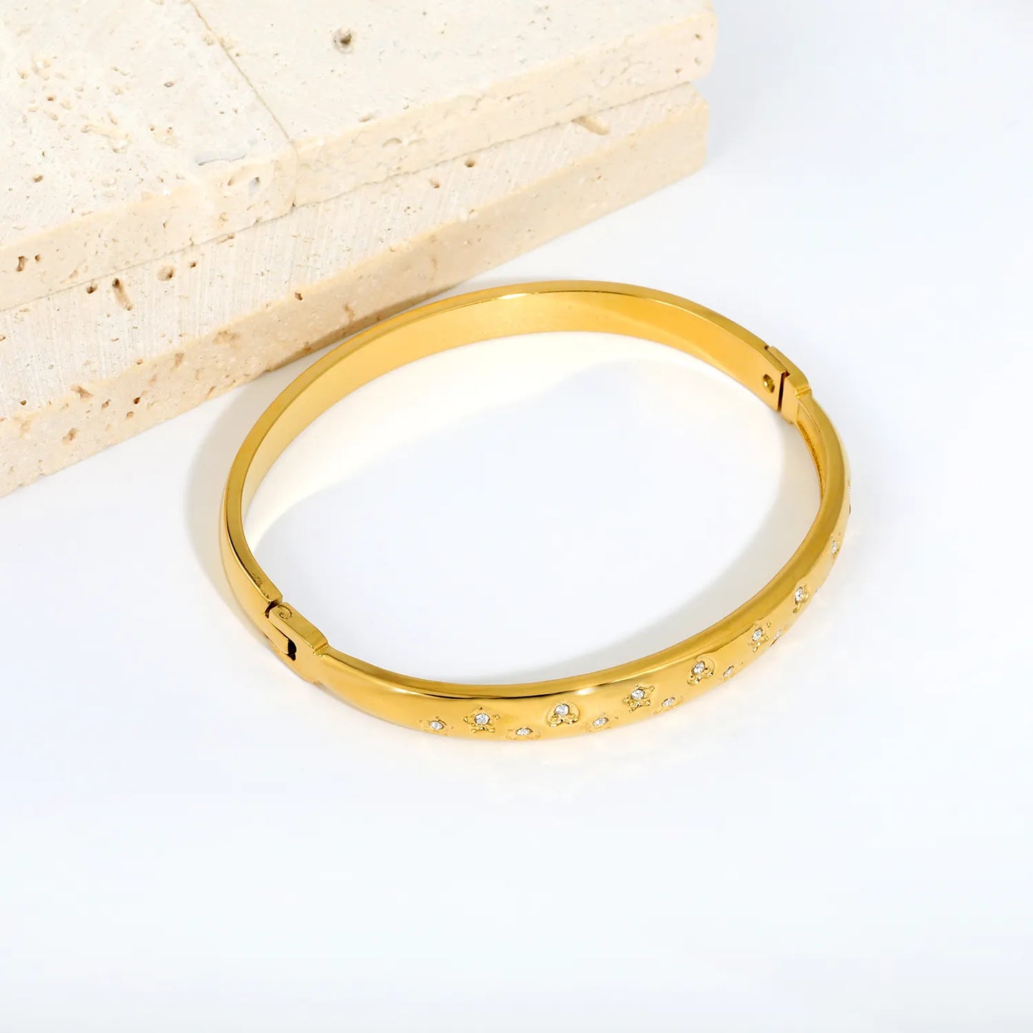 Scattered Star & Heart Shape Inlaid Zircon Hinged Bangle | 18K Gold Plated Stainless Steel Smooth Tube Wrist