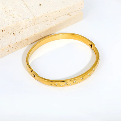 Scattered Star & Heart Shape Inlaid Zircon Hinged Bangle | 18K Gold Plated Stainless Steel Smooth Tube Wrist
