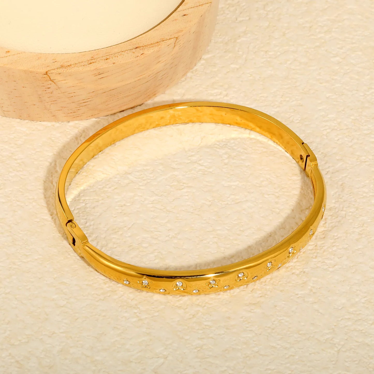 Scattered Star & Heart Shape Inlaid Zircon Hinged Bangle | 18K Gold Plated Stainless Steel Smooth Tube Wrist