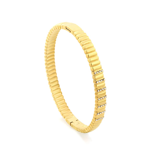 Ribbed Rectangular Link Crystal Inlaid Hinged Bangle | 6.5mm Band Width | 18K Gold Plated Stainless Steel Watch Strap Style Wrist Cuff Bulk Supply For Jewelry Wholesalers