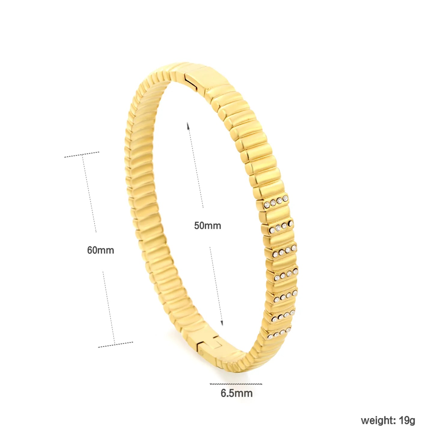 Ribbed Rectangular Link Crystal Inlaid Hinged Bangle | 6.5mm Band Width | 18K Gold Plated Stainless Steel Watch Strap Style Wrist Cuff Bulk Supply For Jewelry Wholesalers