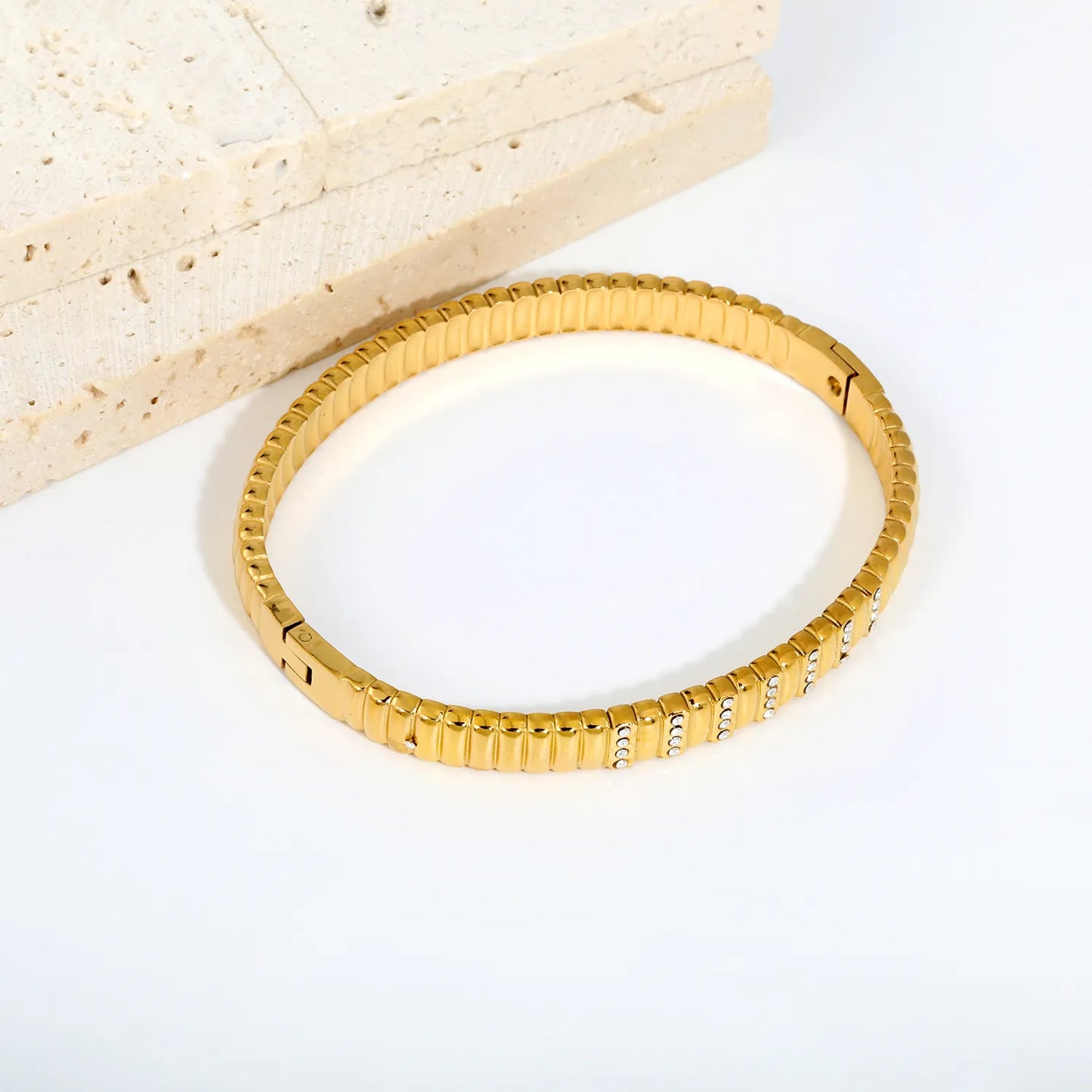 Ribbed Rectangular Link Crystal Inlaid Hinged Bangle | 6.5mm Band Width | 18K Gold Plated Stainless Steel Watch Strap Style Wrist Cuff Bulk Supply For Jewelry Wholesalers