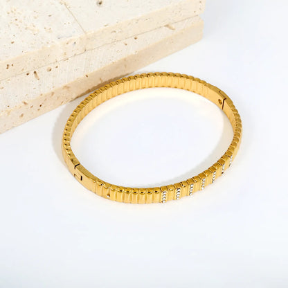 Ribbed Rectangular Link Crystal Inlaid Hinged Bangle | 6.5mm Band Width | 18K Gold Plated Stainless Steel Watch Strap Style Wrist Cuff Bulk Supply For Jewelry Wholesalers