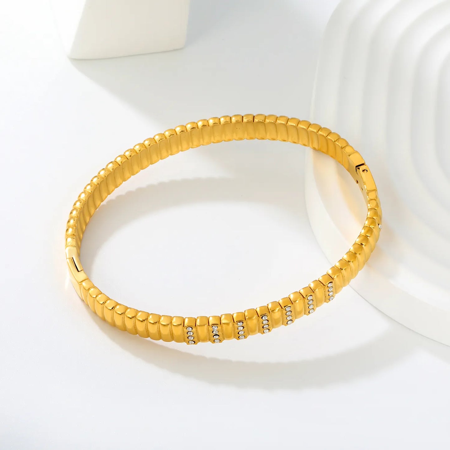 Ribbed Rectangular Link Crystal Inlaid Hinged Bangle | 6.5mm Band Width | 18K Gold Plated Stainless Steel Watch Strap Style Wrist Cuff Bulk Supply For Jewelry Wholesalers