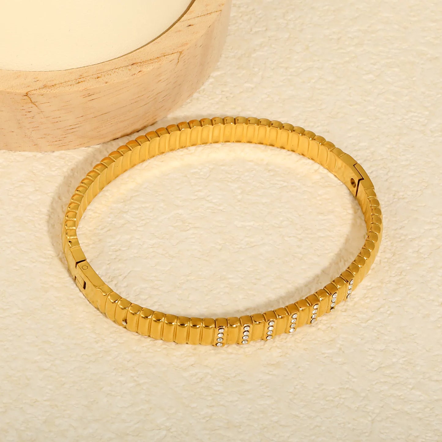 Ribbed Rectangular Link Crystal Inlaid Hinged Bangle | 6.5mm Band Width | 18K Gold Plated Stainless Steel Watch Strap Style Wrist Cuff Bulk Supply For Jewelry Wholesalers