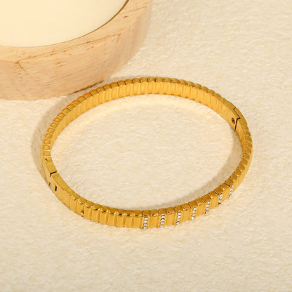 Ribbed Rectangular Link Crystal Inlaid Hinged Bangle | 6.5mm Band Width | 18K Gold Plated Stainless Steel Watch Strap Style Wrist Cuff Bulk Supply For Jewelry Wholesalers