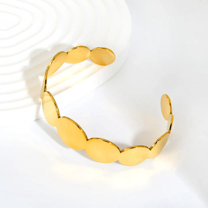 Seamless Gradient Round Disc Open Cuff Bangle | 17mm Wide Plate | 60mm Inner Length | 18K Gold Plated Stainless Steel Geometric Wrist Cuff Bulk Merchandise For Jewelry Distributors