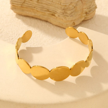 Seamless Gradient Round Disc Open Cuff Bangle | 17mm Wide Plate | 60mm Inner Length | 18K Gold Plated Stainless Steel Geometric Wrist Cuff Bulk Merchandise For Jewelry Distributors