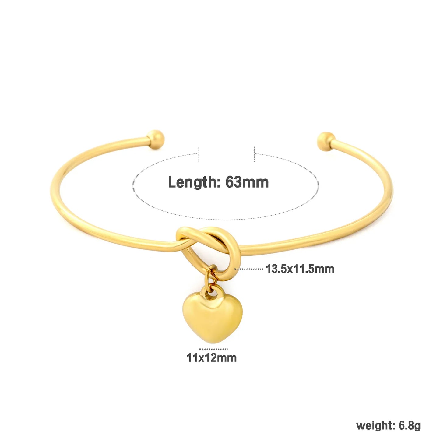 Knot Heart Charm Open Cuff Bangle | 63mm Overall Length | 13.5×11.5mm Knot Detail | 11×12mm Solid Heart Pendant | 18K Gold Plated Stainless Steel Bracelet for Wholesale Supply
