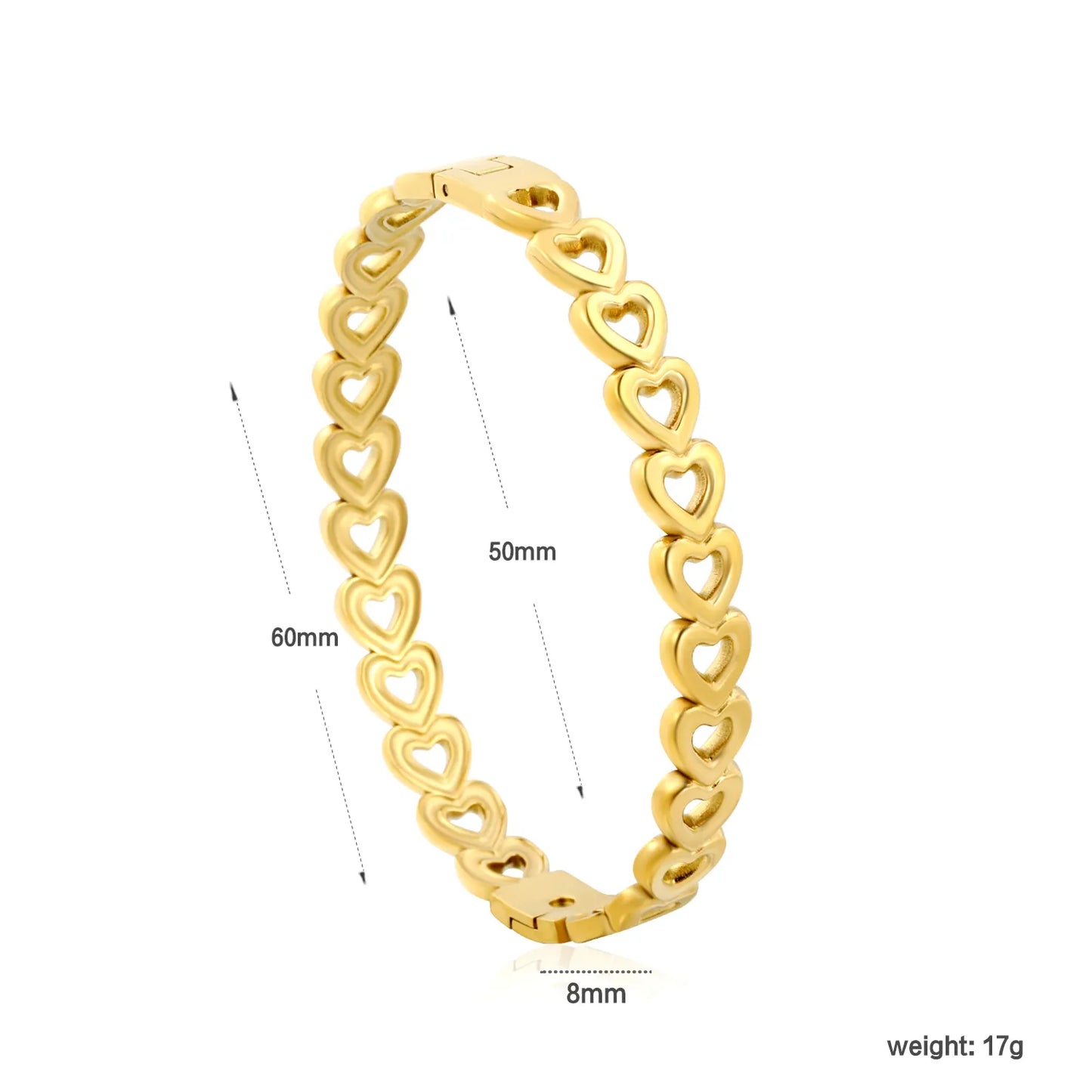 Romantic Hollow Cutout Heart Link Hinged Bangle | 18K Gold Plated Stainless Steel | Wholesale Order MOQ 12
