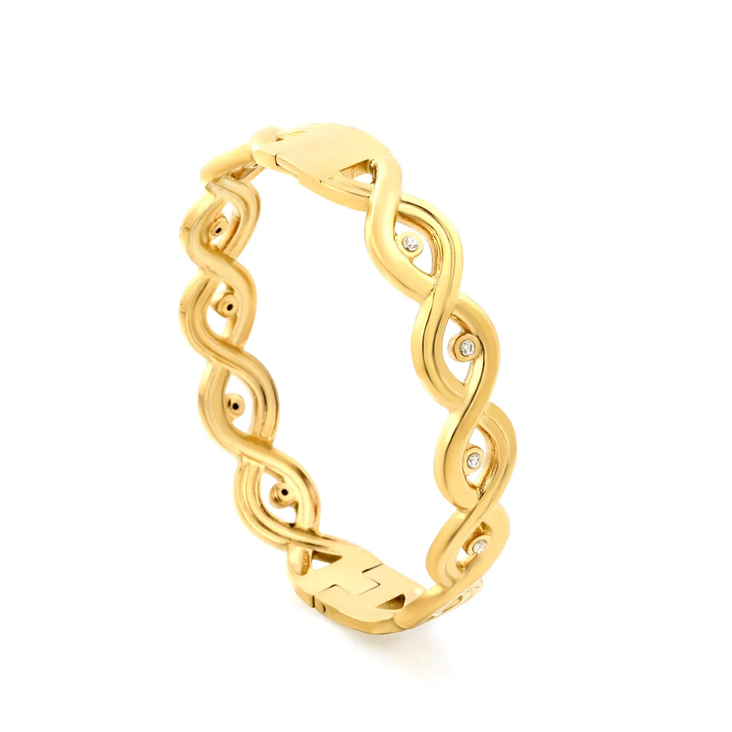 18K Gold Plated Stainless Steel Twisted Wave Inlaid Clear Zircon Hinged Bangle | Wholesale Bulk Order MOQ 12