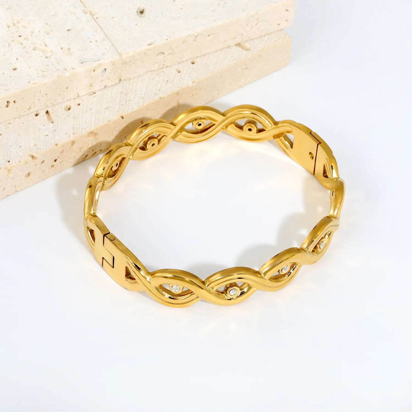 18K Gold Plated Stainless Steel Twisted Wave Inlaid Clear Zircon Hinged Bangle | Wholesale Bulk Order MOQ 12