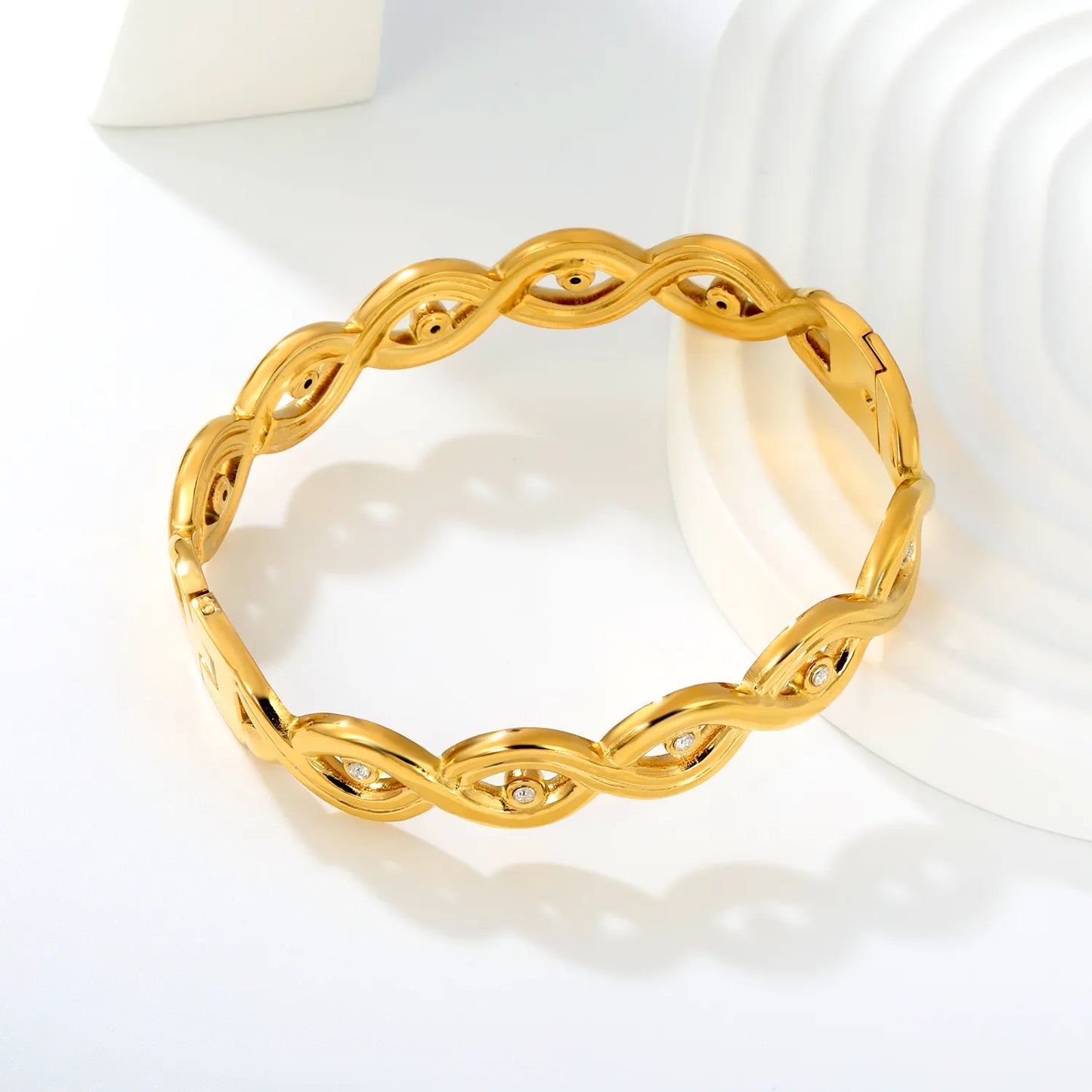 18K Gold Plated Stainless Steel Twisted Wave Inlaid Clear Zircon Hinged Bangle | Wholesale Bulk Order MOQ 12