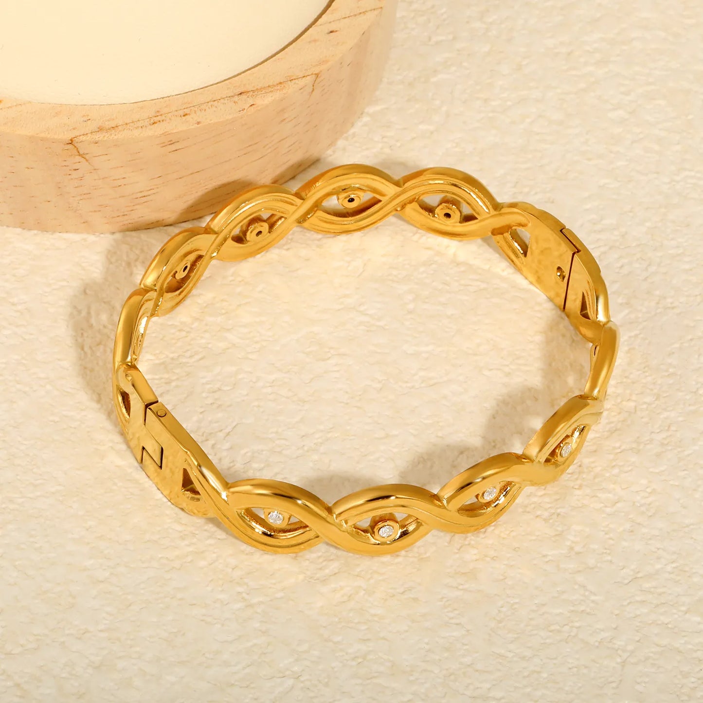 18K Gold Plated Stainless Steel Twisted Wave Inlaid Clear Zircon Hinged Bangle | Wholesale Bulk Order MOQ 12