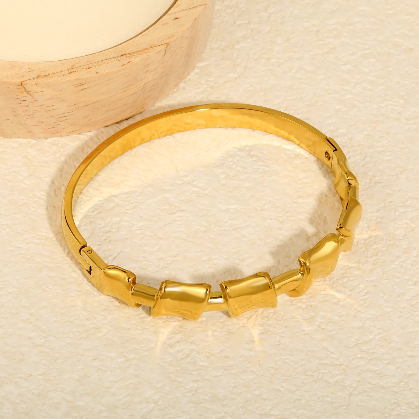 Polished Bamboo Joint Hinged Bangle | 50-60mm Inner Diameter | 18K Gold Plated Stainless Steel | Wholesale Bulk Order