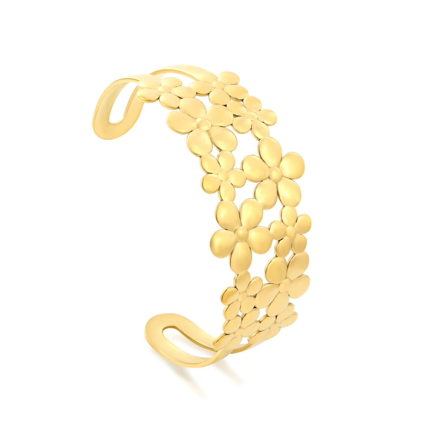 Hollow Multi Flower Open Cuff Bangle | 32mm Band Width | 70mm Inner Length | 18K Gold Plated Stainless Steel Floral Wide Wrist Cuff Bulk Order MOQ 12